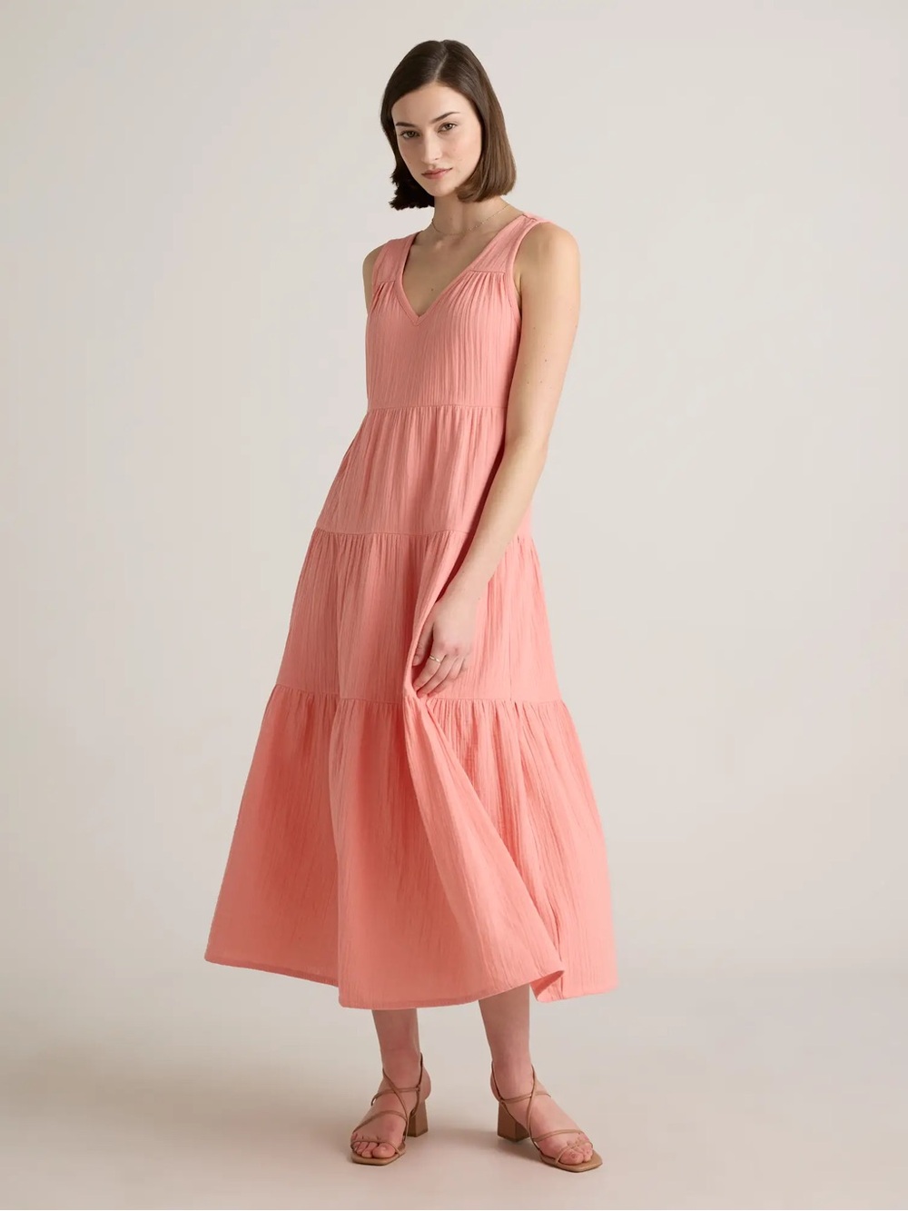 Quince 100% Organic Cotton Gauze Tiered Maxi Dress in Coral Blush Size XL
